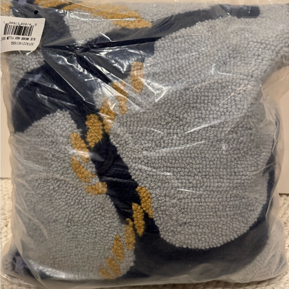 NWT PHI Light Blue and Navy Anchor Hook Throw Pillow with Gold Accents 16 x 16